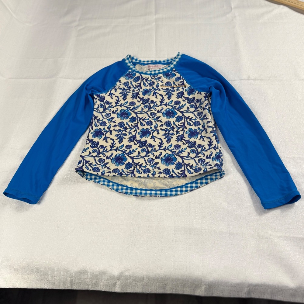 Tommy Bahama Girls Size 6 Blue Floral Long Sleeve Rash Guard Swim Top Casual UPF